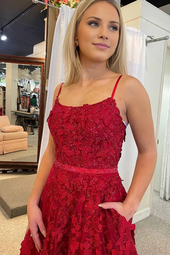 A Line Scoop Neck Sequins Lace Crisscross Back Floor-Length Prom Dresses