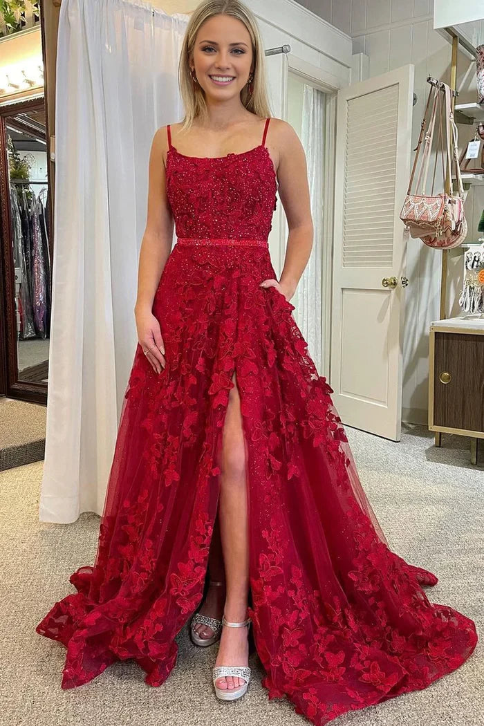A Line Scoop Neck Sequins Lace Crisscross Back Floor-Length Prom Dresses