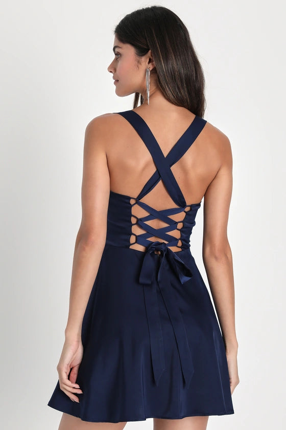 Admirably Chic Satin Lace-Up Mini Dress Homecoming Dress