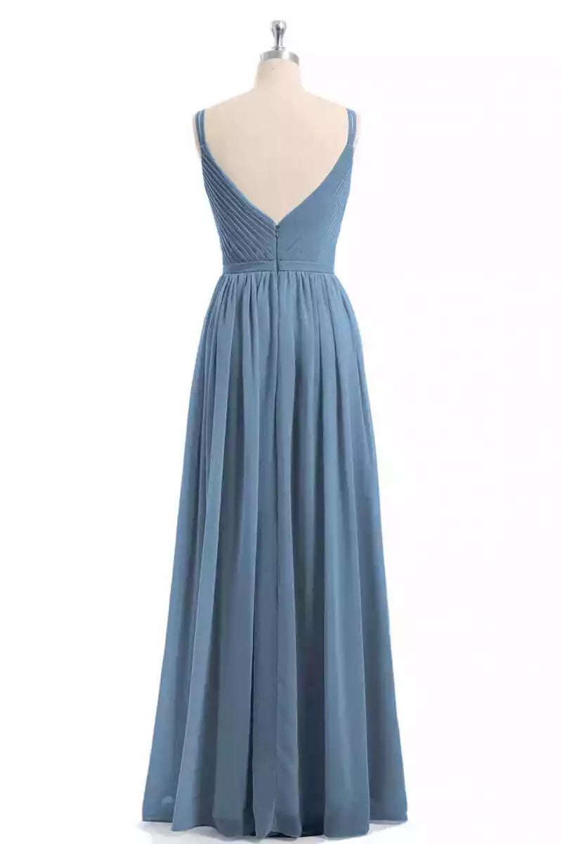 Airy Dusty Blue Chiffon Gown with Thin Straps & Ruched Bodice
