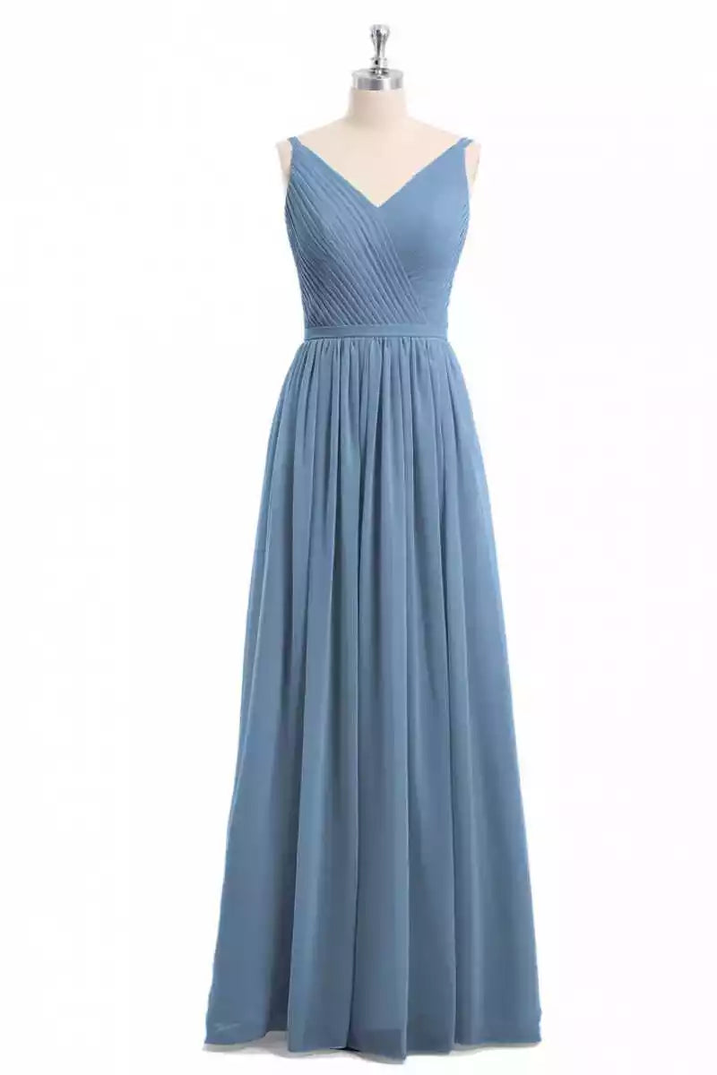Airy Dusty Blue Chiffon Gown with Thin Straps & Ruched Bodice