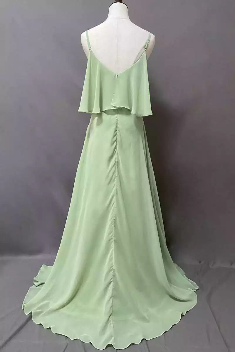 Airy Mint Green Chiffon Gown with Ruffle Overlay & Thin Straps