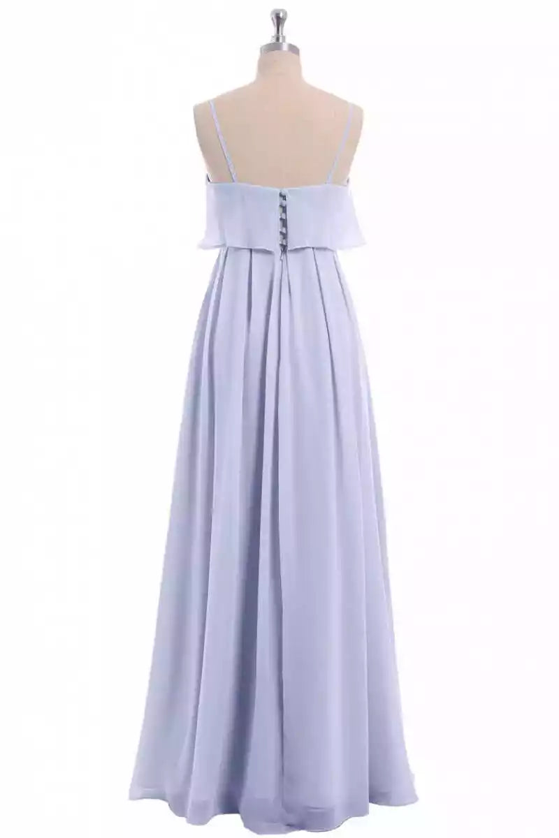 Airy Periwinkle Chiffon Gown with Spaghetti Strap Layered Overlay & Asymmetrical Skirt