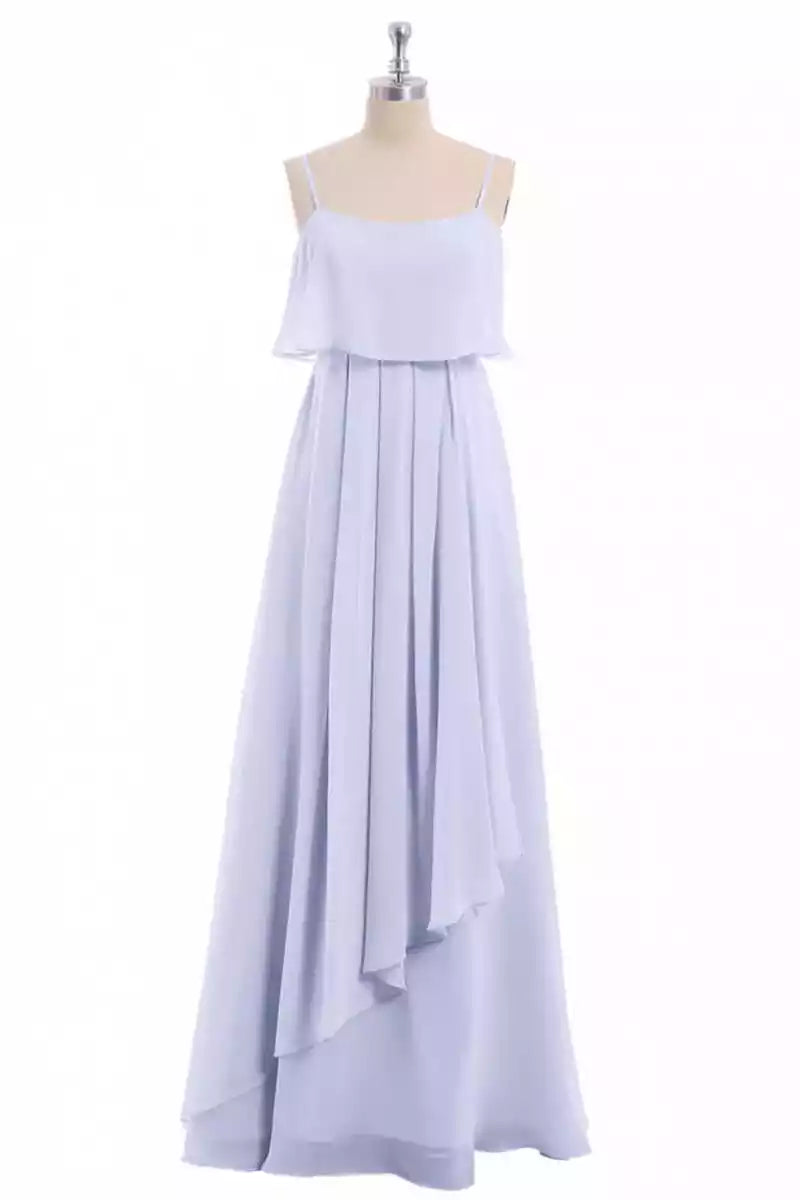 Airy Periwinkle Chiffon Gown with Spaghetti Strap Layered Overlay & Asymmetrical Skirt