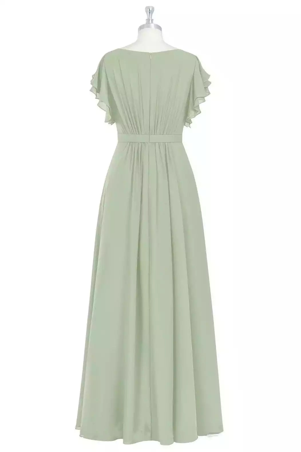 Airy Sage Green Chiffon Gown with Flutter Sleeves & Ruched Bodice
