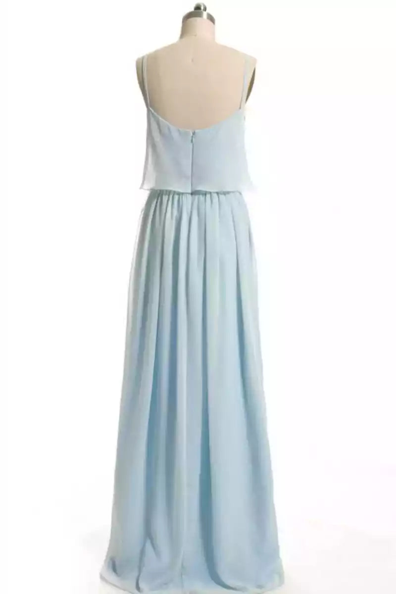 Airy Sky Blue Chiffon Gown with Thin Straps & Layered Bodice