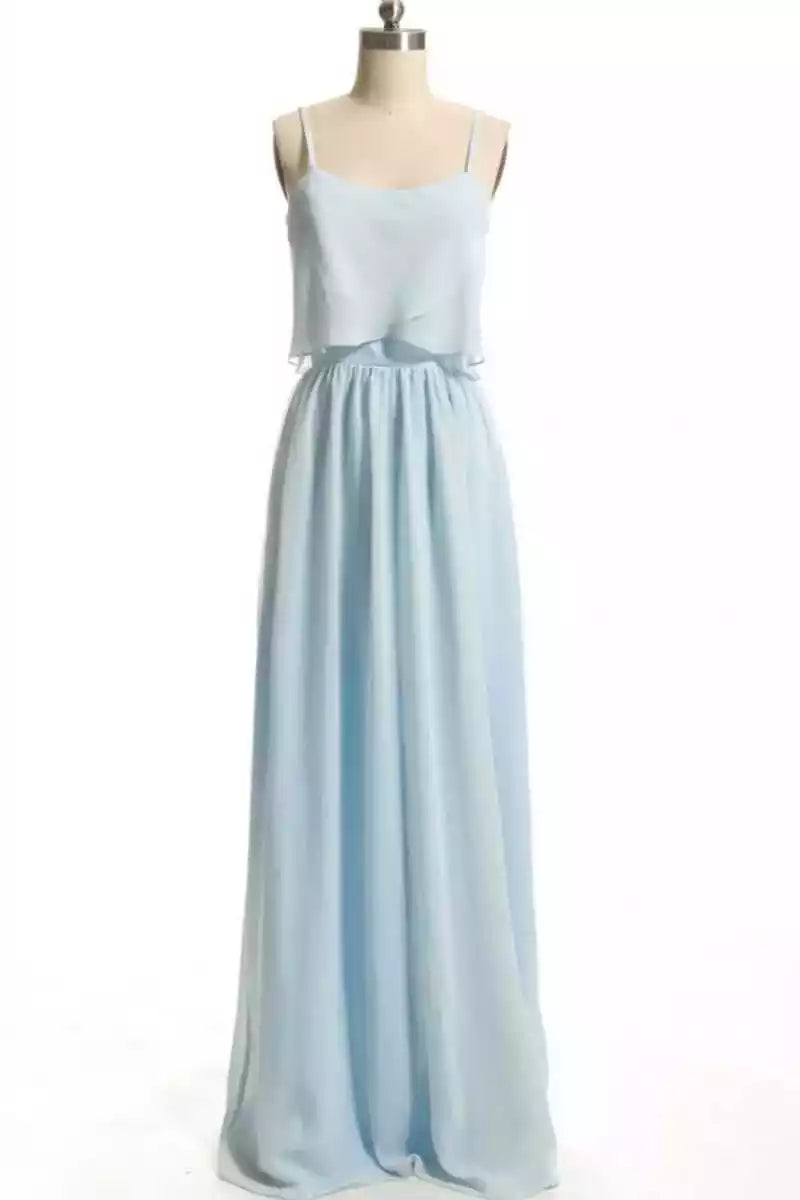 Airy Sky Blue Chiffon Gown with Thin Straps & Layered Bodice