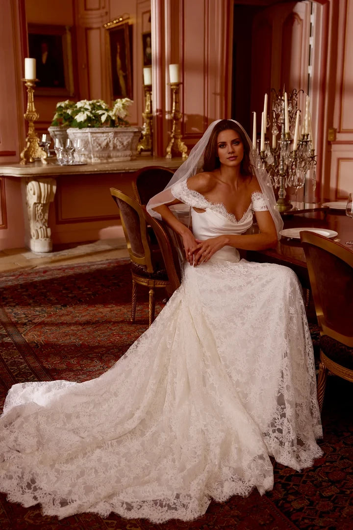 Alençon Lace A-Line Gown with Detachable Off-The-Shoulder Straps Wedding Dresses