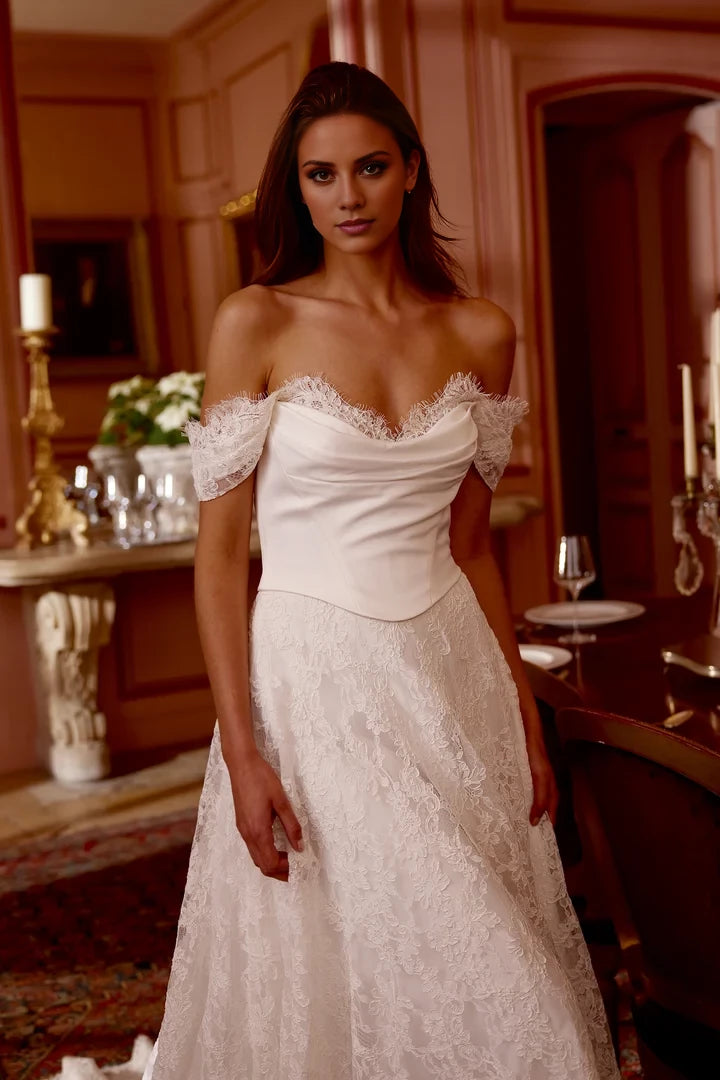 Alençon Lace A-Line Gown with Detachable Off-The-Shoulder Straps Wedding Dresses