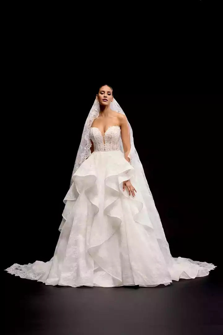 Allover Lace Ball Gown with Off-The-Shoulder Long Sleeves Wedding Dress