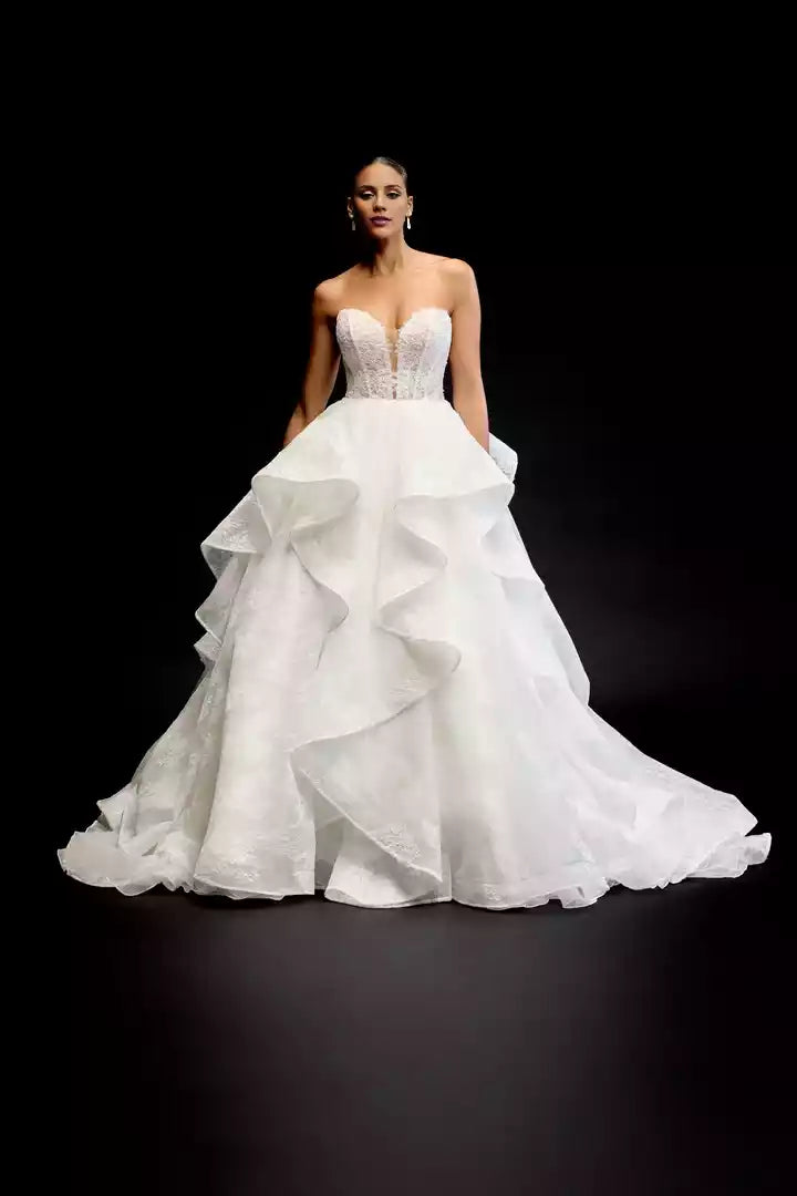 Allover Lace Ball Gown with Off-The-Shoulder Long Sleeves Wedding Dress