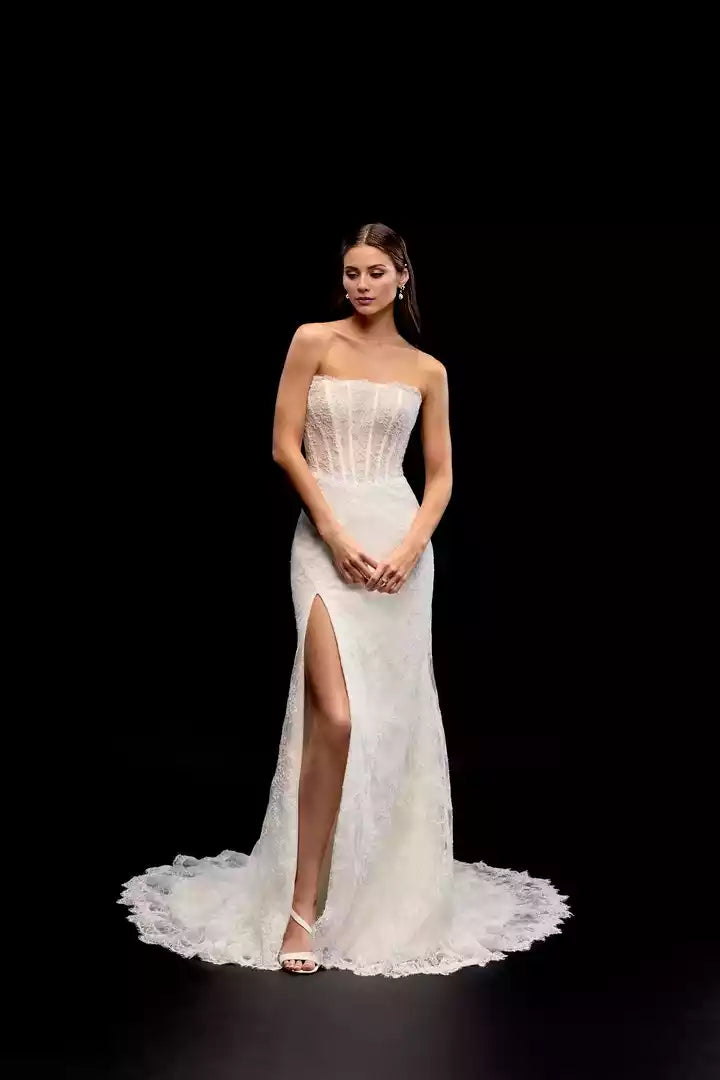 Allover Alençon Lace Fit and Flare Gown with Strapless Neckline Wedding Dress
