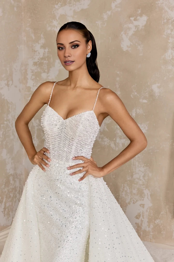 Allover Beaded Fit and Flare Gown with Bikini Neckline Wedding Dresses