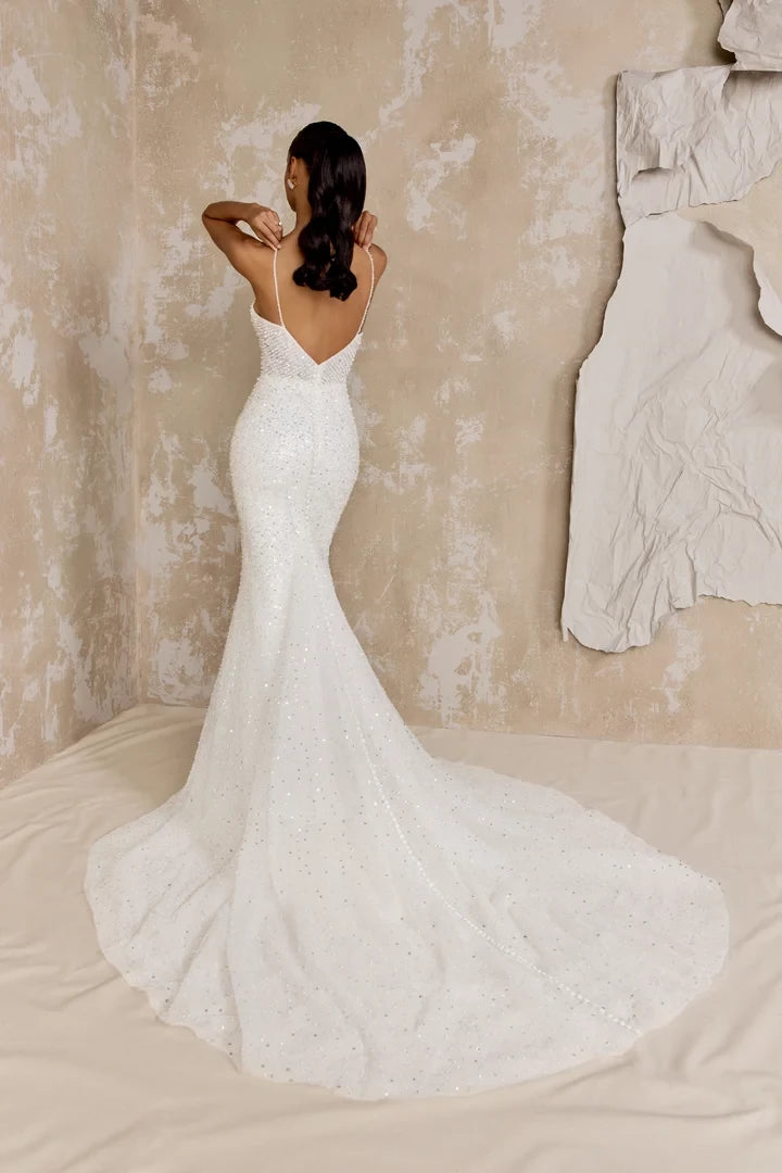 Allover Beaded Fit and Flare Gown with Bikini Neckline Wedding Dresses