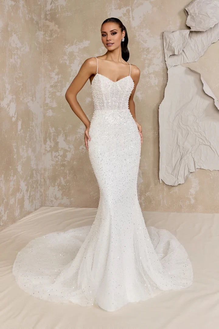 Allover Beaded Fit and Flare Gown with Bikini Neckline Wedding Dresses