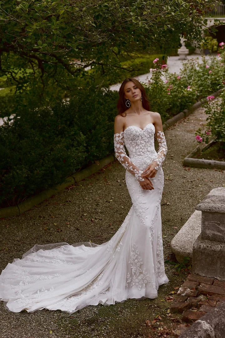 Allover Beaded and Lace Strapless Fit and Flare Wedding Dress Wedding Dresses