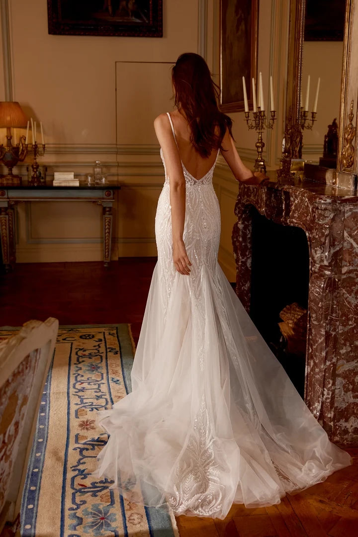 Allover Beaded and Sequined Fit and Flare Gown with Tulle Godets Wedding Dresses