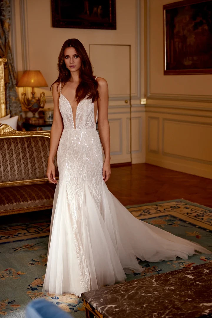 Allover Beaded and Sequined Fit and Flare Gown with Tulle Godets Wedding Dresses