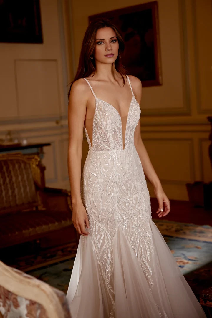 Allover Beaded and Sequined Fit and Flare Gown with Tulle Godets Wedding Dresses