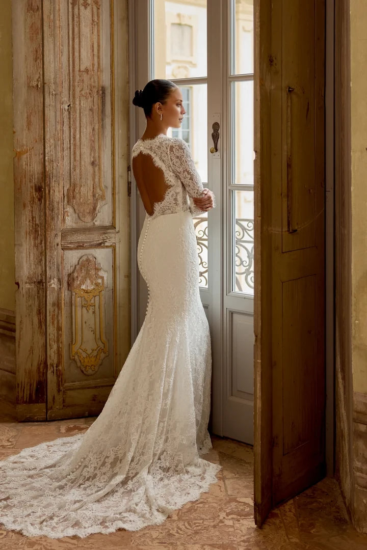 Allover Corded Alençon Lace Fit and Flare Gown with Keyhole Back Wedding Dresses