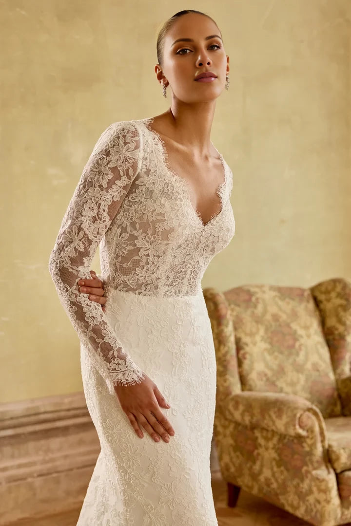 Allover Corded Alençon Lace Fit and Flare Gown with Keyhole Back Wedding Dresses