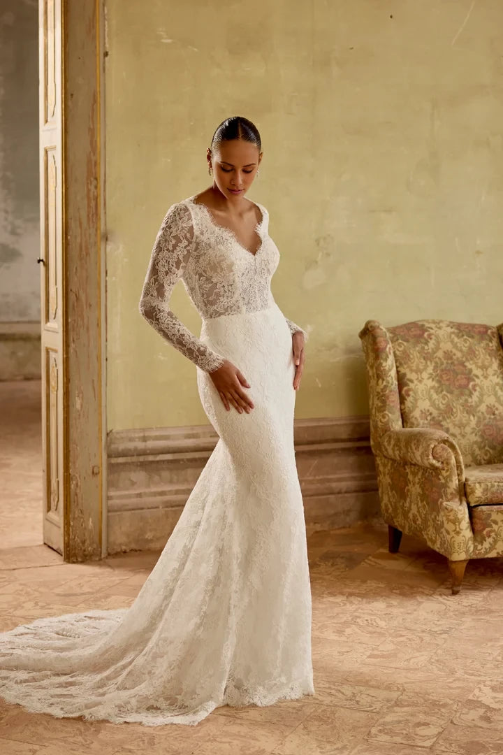 Allover Corded Alençon Lace Fit and Flare Gown with Keyhole Back Wedding Dresses