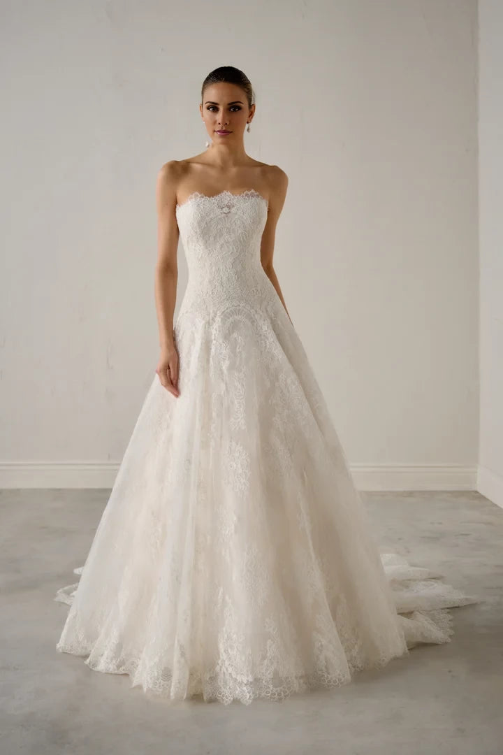 Allover Lace A-Line Gown with Dropped Waist and Straight Neckline Wedding Dresses
