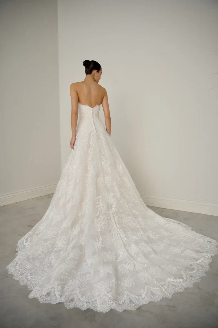 Allover Lace A-Line Gown with Dropped Waist and Straight Neckline Wedding Dresses