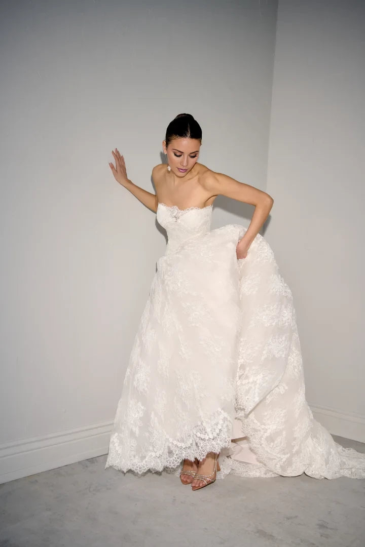 Allover Lace A-Line Gown with Dropped Waist and Straight Neckline Wedding Dresses