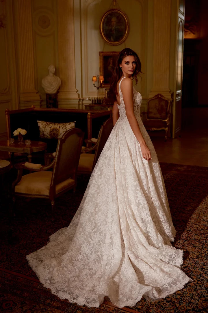 Allover Lace A-Line Gown with Sheer Corset Bodice and Basque Waist Wedding Dresses