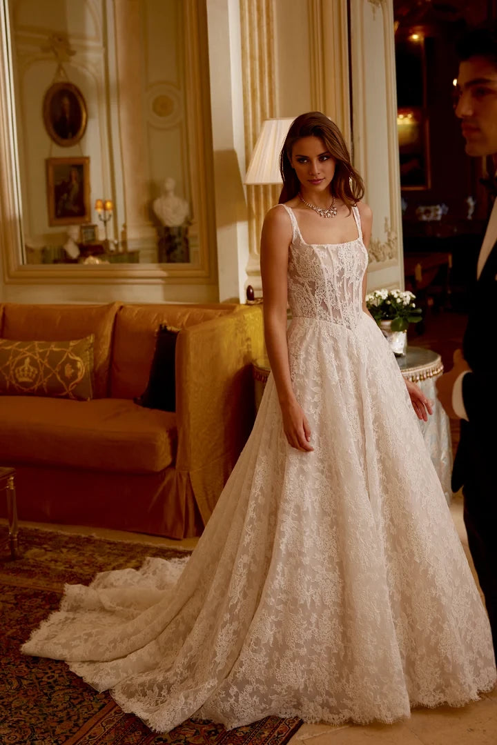 Allover Lace A-Line Gown with Sheer Corset Bodice and Basque Waist Wedding Dresses