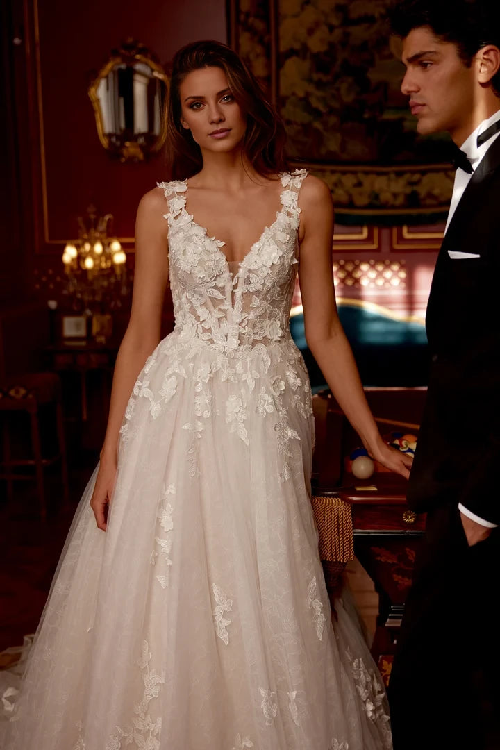 Allover Lace Ball Gown with Cap Sleeves and Basque Waist Wedding Dresses