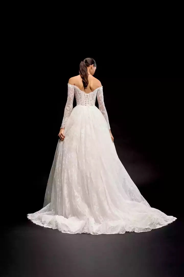 Allover Lace Ball Gown with Off-The-Shoulder Long Sleeves Wedding Dress