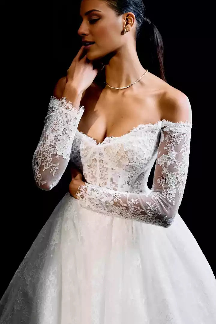 Allover Lace Ball Gown with Off-The-Shoulder Long Sleeves Wedding Dress