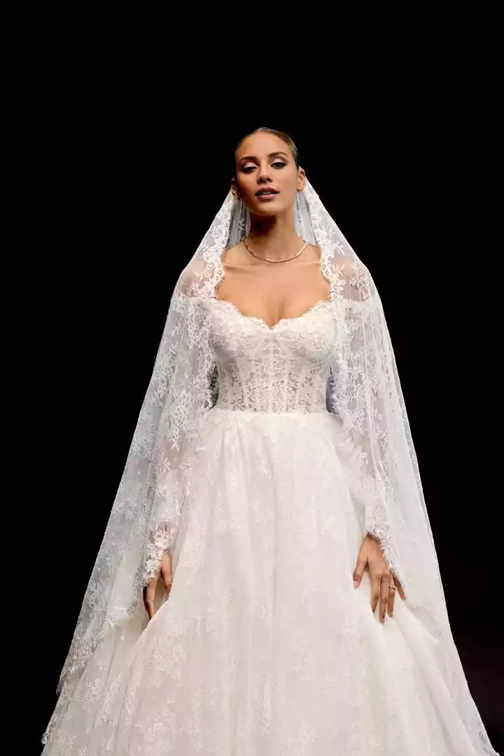 Allover Lace Ball Gown with Off-The-Shoulder Long Sleeves Wedding Dress