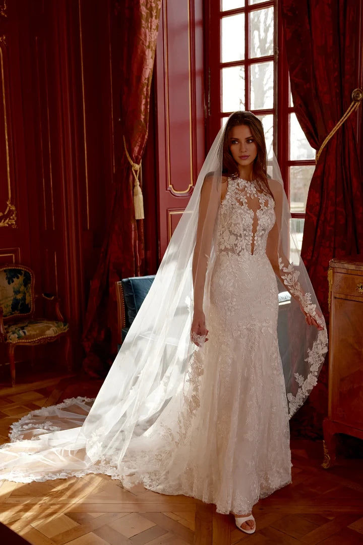 Allover Lace Fit and Flare Gown with Jewel Neckline and Keyhole Back Wedding Dresses