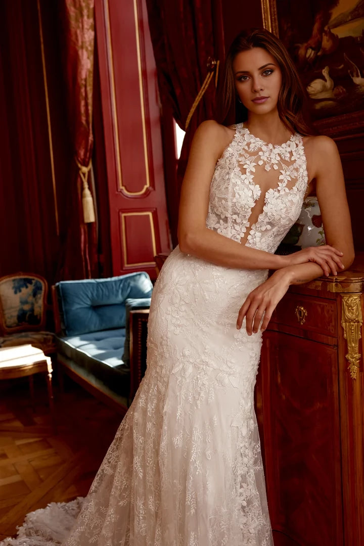 Allover Lace Fit and Flare Gown with Jewel Neckline and Keyhole Back Wedding Dresses