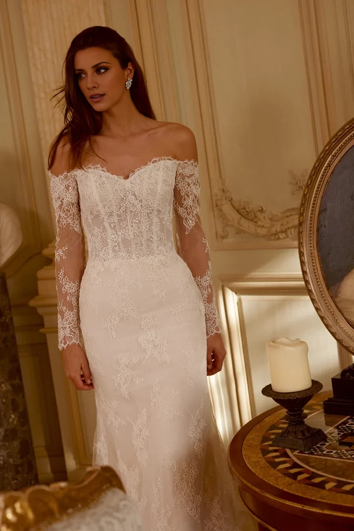 Allover Lace Fit and Flare Gown with Sheer Bodice and Exposed Boning Wedding Dresses