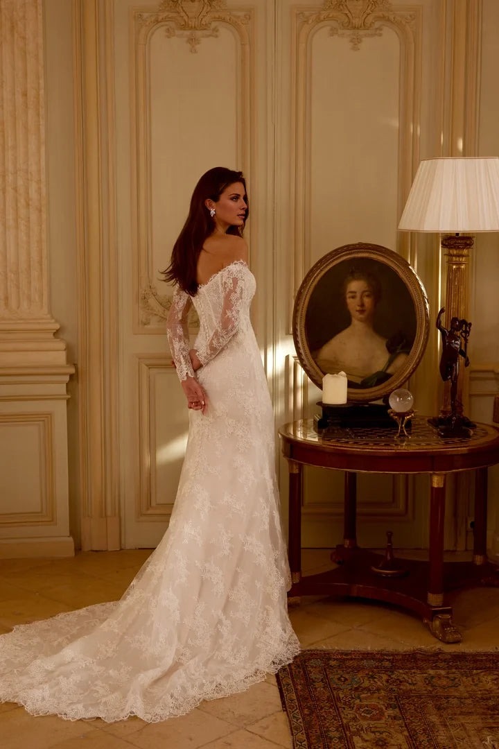 Allover Lace Fit and Flare Gown with Sheer Bodice and Exposed Boning Wedding Dresses