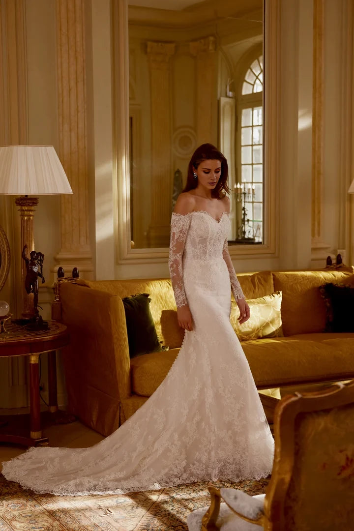 Allover Lace Fit and Flare Gown with Sheer Bodice and Exposed Boning Wedding Dresses