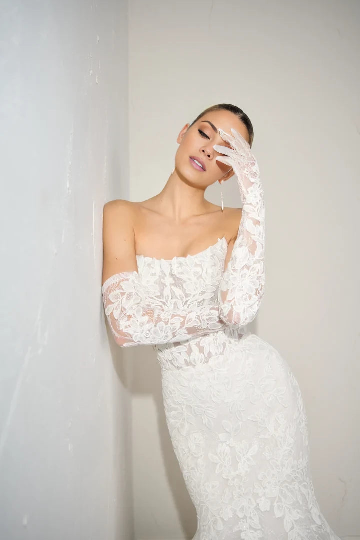Allover Lace Mermaid Gown with Sheer Bodice and Exposed Boning Wedding Dresses