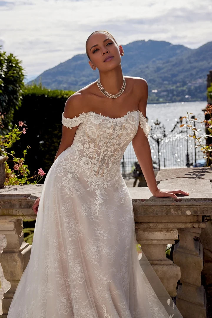 Allover Lace Slim A-Line Gown with Off-The-Shoulder Straight Neckline Wedding Dresses