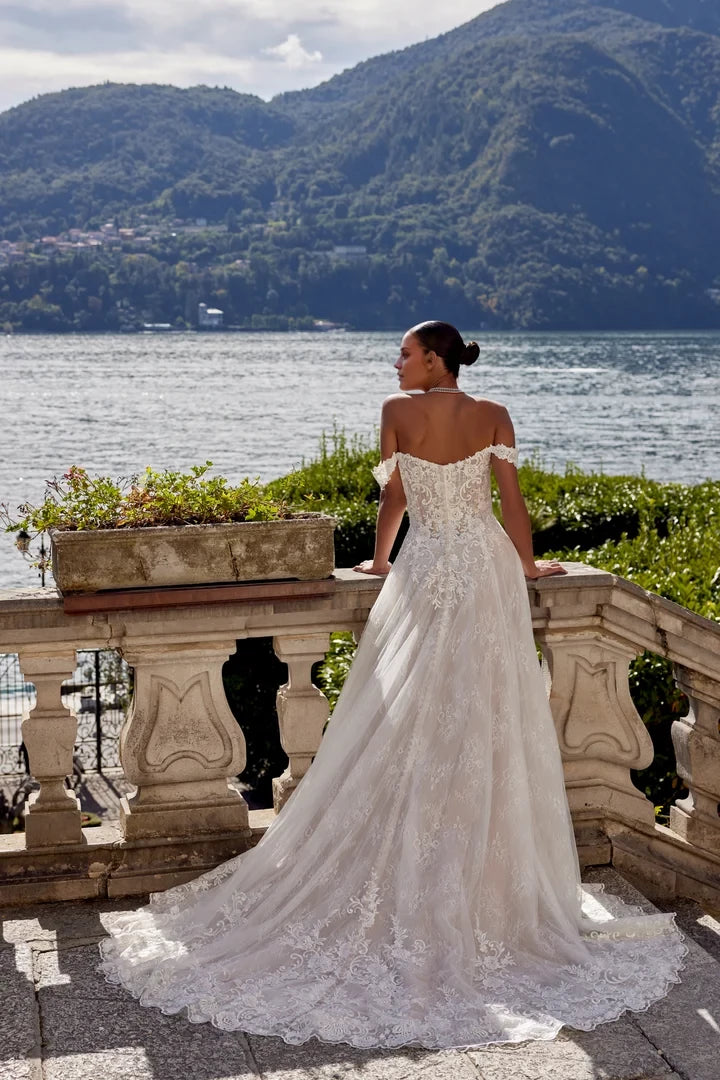 Allover Lace Slim A-Line Gown with Off-The-Shoulder Straight Neckline Wedding Dresses