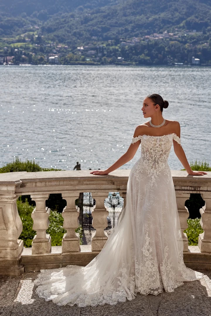 Allover Lace Slim A-Line Gown with Off-The-Shoulder Straight Neckline Wedding Dresses