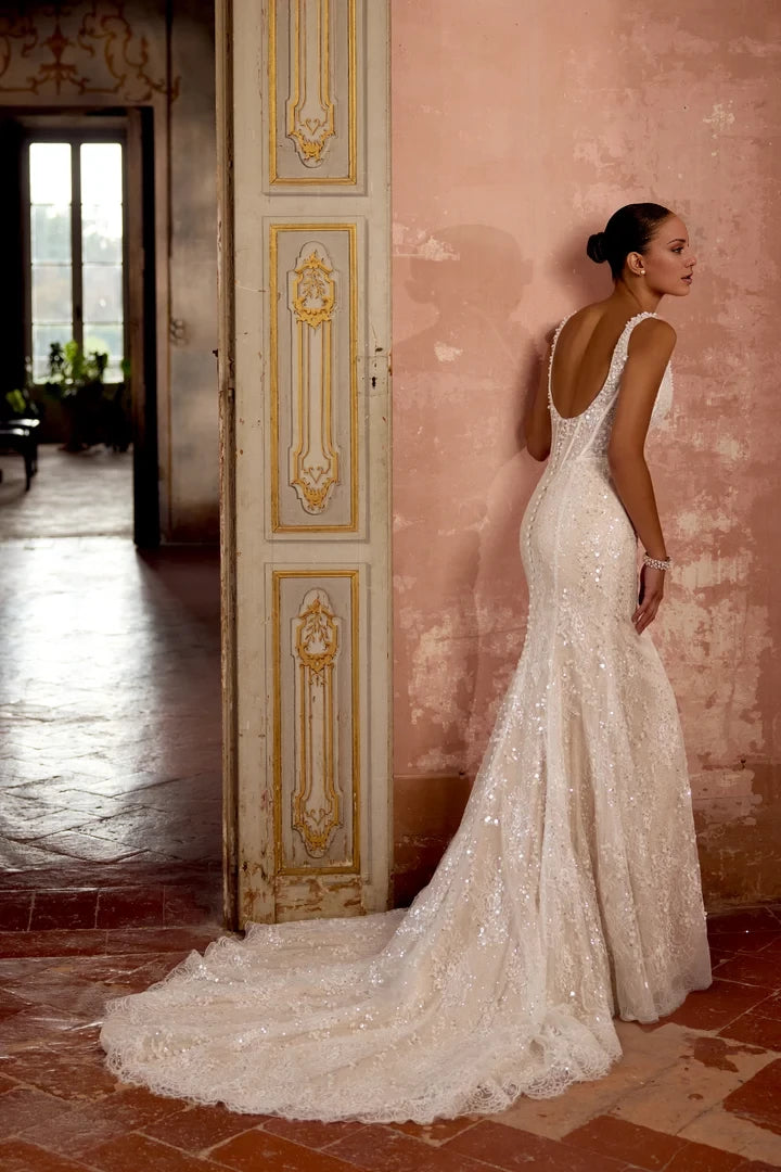 Allover Sequin and Chantilly Lace Fit and Flare with Basque Waist Wedding Dresses