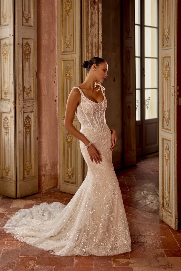 Allover Sequin and Chantilly Lace Fit and Flare with Basque Waist Wedding Dresses