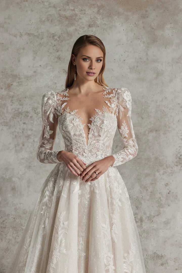 Allover Sparkle Ball Gown with Illusion Neckline and Puff Sleeves Wedding Dresses