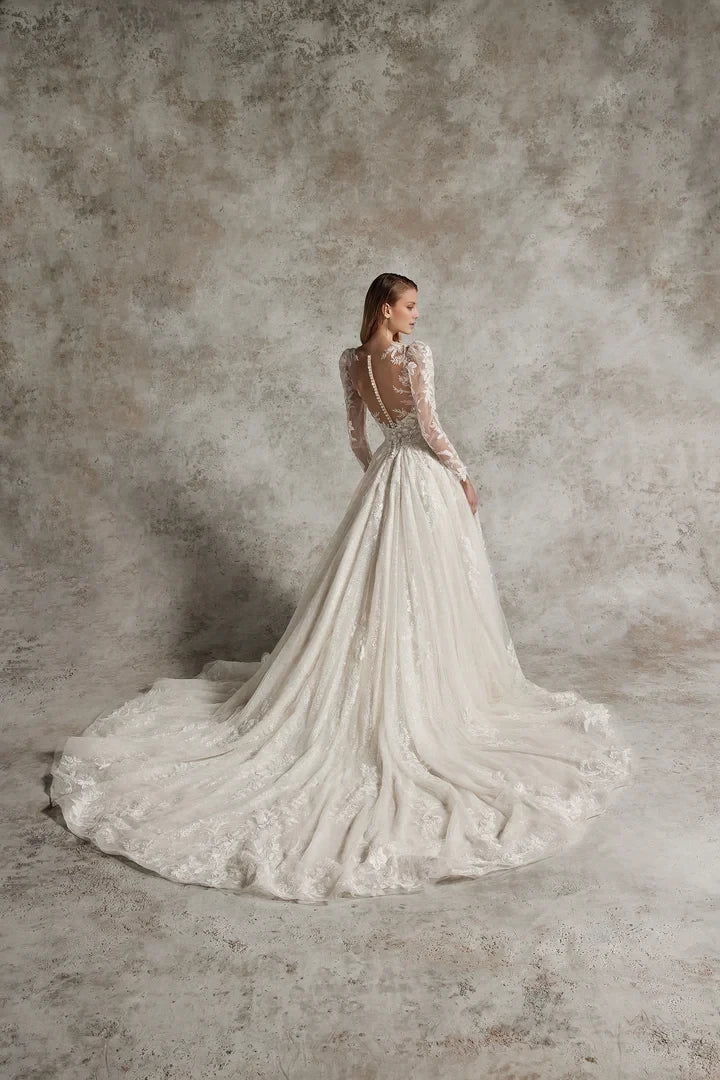 Allover Sparkle Ball Gown with Illusion Neckline and Puff Sleeves Wedding Dresses