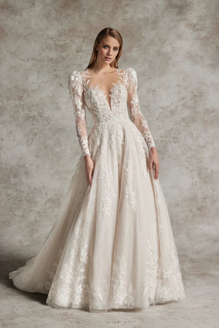 Allover Sparkle Ball Gown with Illusion Neckline and Puff Sleeves Wedding Dresses