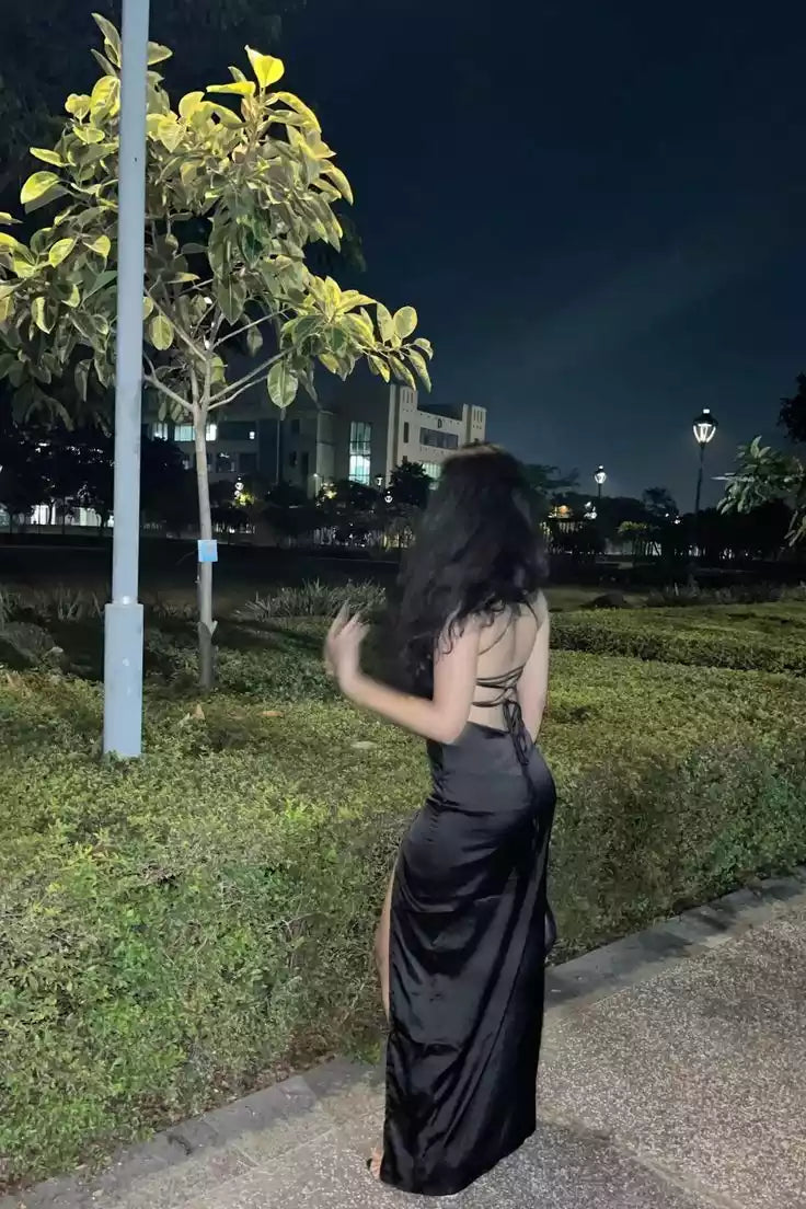 Alluring Black Satin Gown with Crisscross Back & High Slit